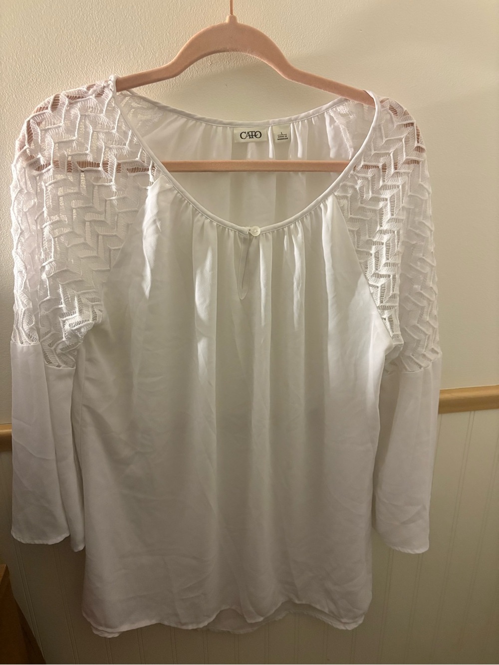 Cato Womens Large White Blouse Lace Crochet Sleeve Scoop Neck Boho Top